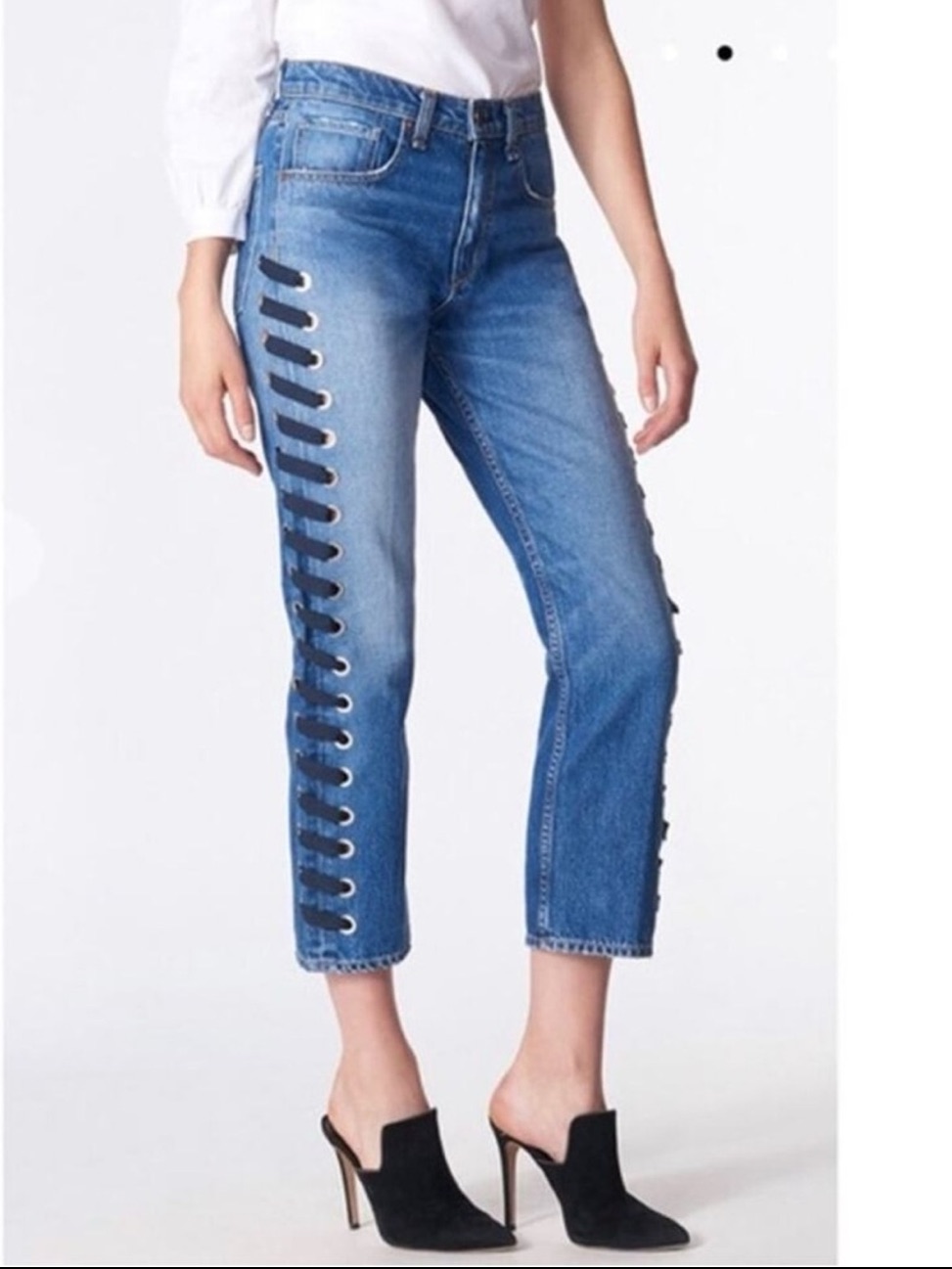 Veronica Beard Ines Girlfriend Lace Up Jeans In Stone Blue Wash Sz 26